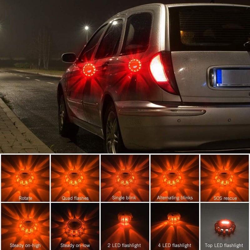 AK [8 Pack LED Road Flares Safety Flashing Warning Light Roadside Emergency Disc Beacon Kit for Vehicles Boats with Magnetic Base & Hook, Premium Storage Bag (Batteries Not Included) (8) - Image 2